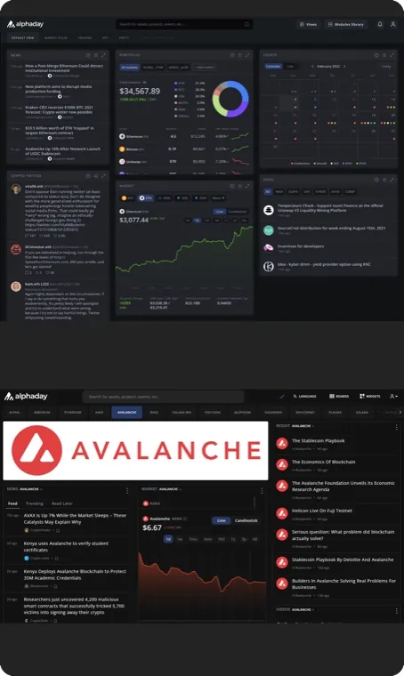 Alphaday dashboard showing news, market and calendar widgets