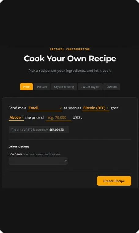 Recipe builder configuring a Bitcoin price alert